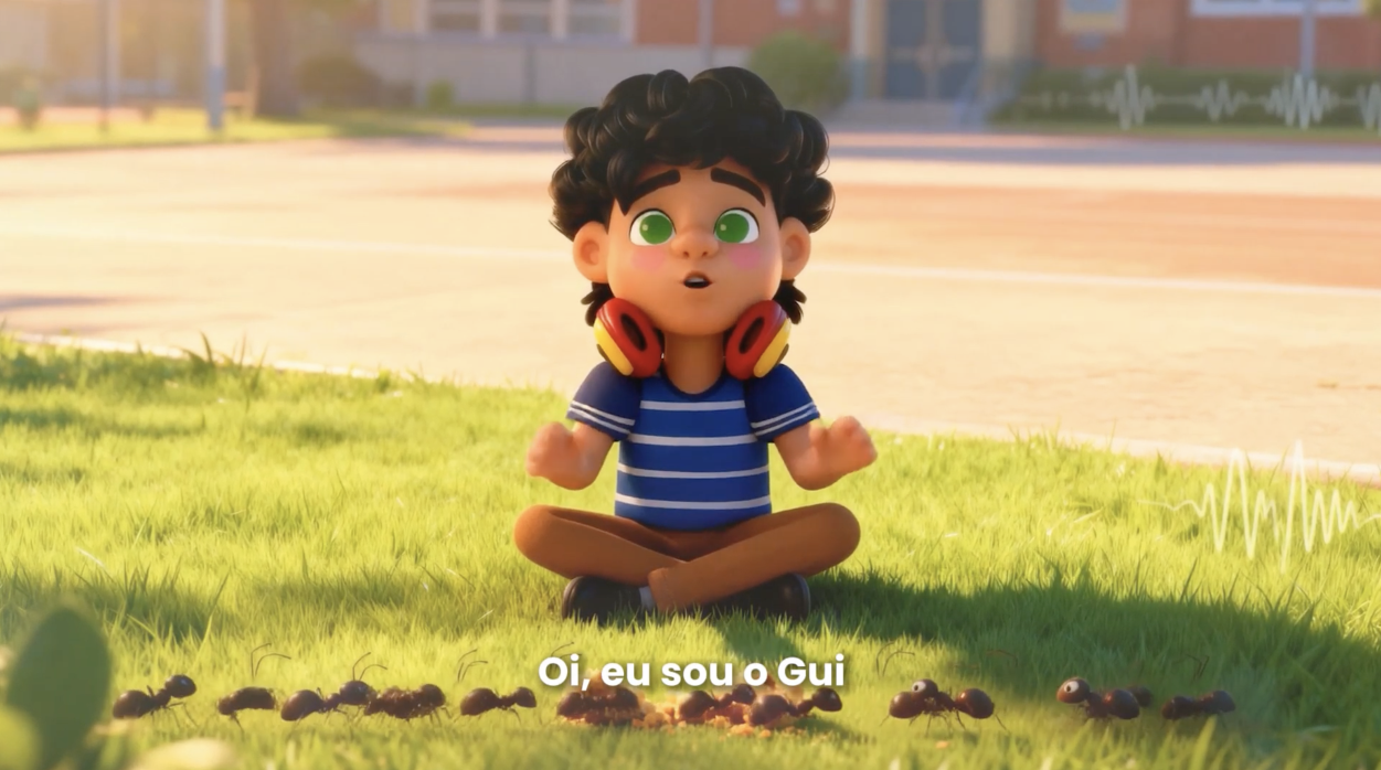 Frame horizontal de animação com personagem infantil sentado na grama; legenda visível: Oi, eu sou o Gui.
