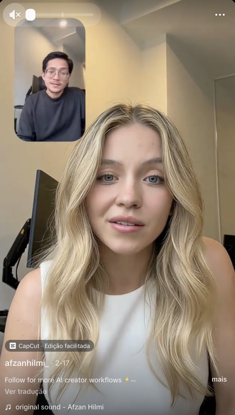 Frame vertical com homem em quadro pequeno no alto e mulher em destaque; no Figma, setas identificam vídeo real e clone de IA.