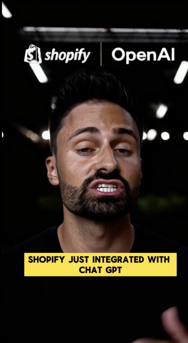 Frame vertical de homem falando, com os nomes Shopify e OpenAI no topo.